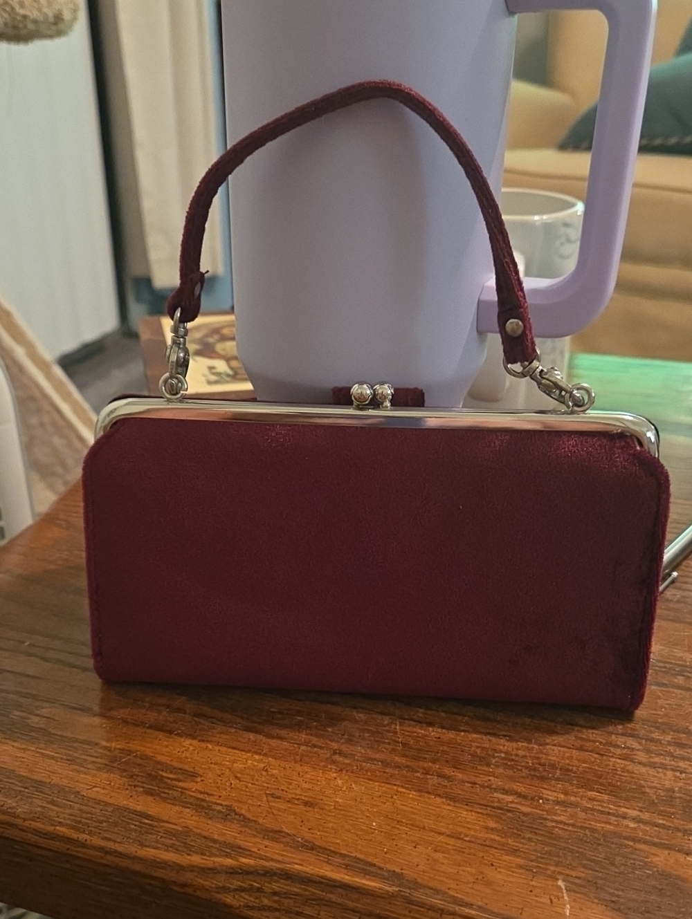 Mundi Burgundy Velvet Frame Clutch with Detachable Wrist Strap